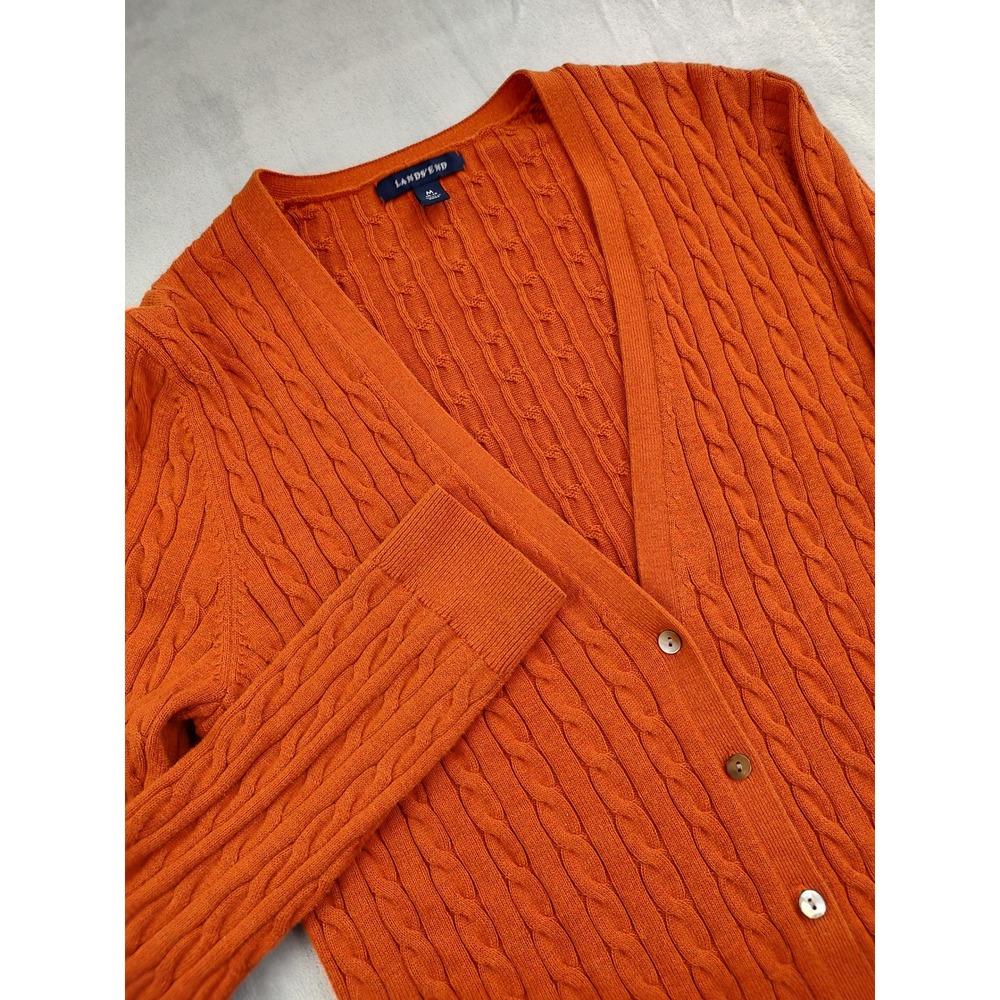 Lands End Orange Cable Knit Cardigan Sweater Button Front V Neck Women Medium